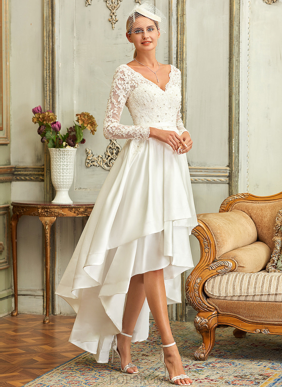 Dress Wedding Dresses Satin Winnie Wedding V-neck Asymmetrical A-Line Lace