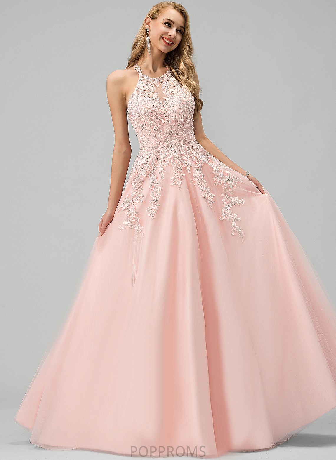 With Sequins Ball-Gown/Princess Beading Elaina Floor-Length Scoop Tulle Prom Dresses