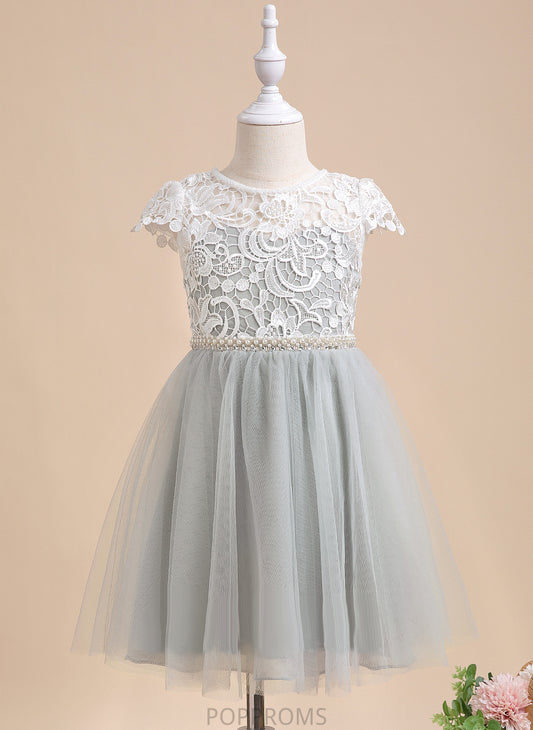 Neck With Miriam Sleeves Tulle A-Line Flower Dress - Girl Lace/Beading/Sequins Short Scalloped Flower Girl Dresses Knee-length