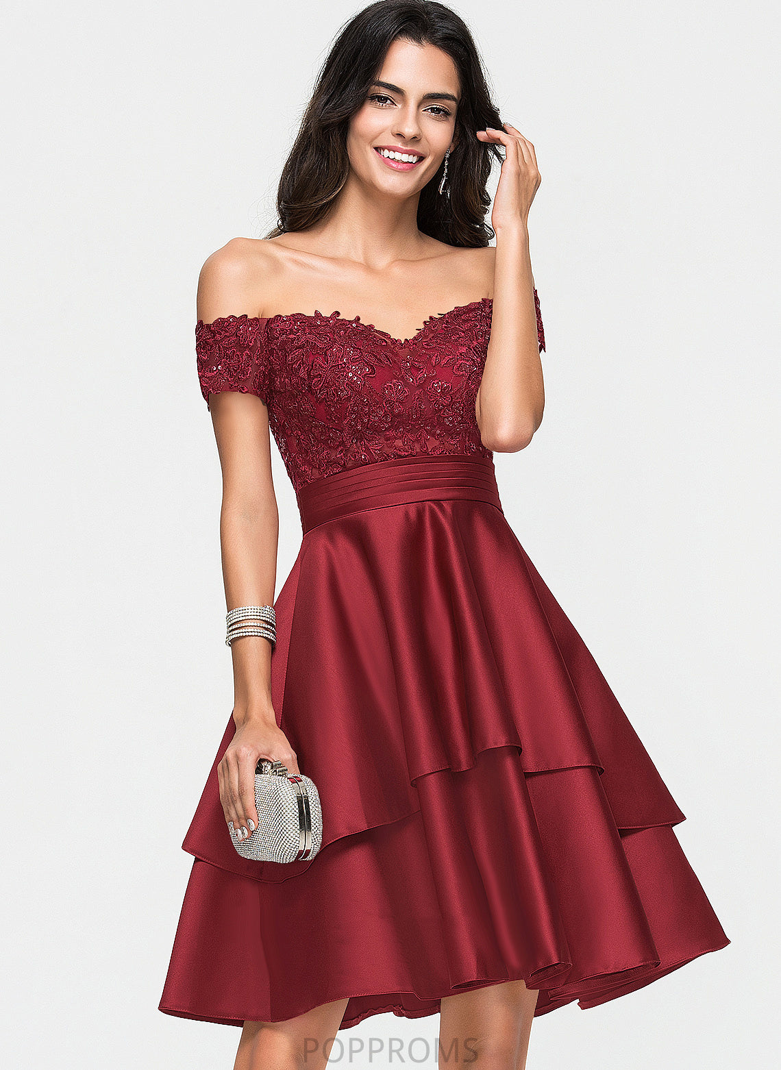 Cocktail Dresses Lace A-Line Off-the-Shoulder Camille Sequins Knee-Length Satin With Dress Cocktail