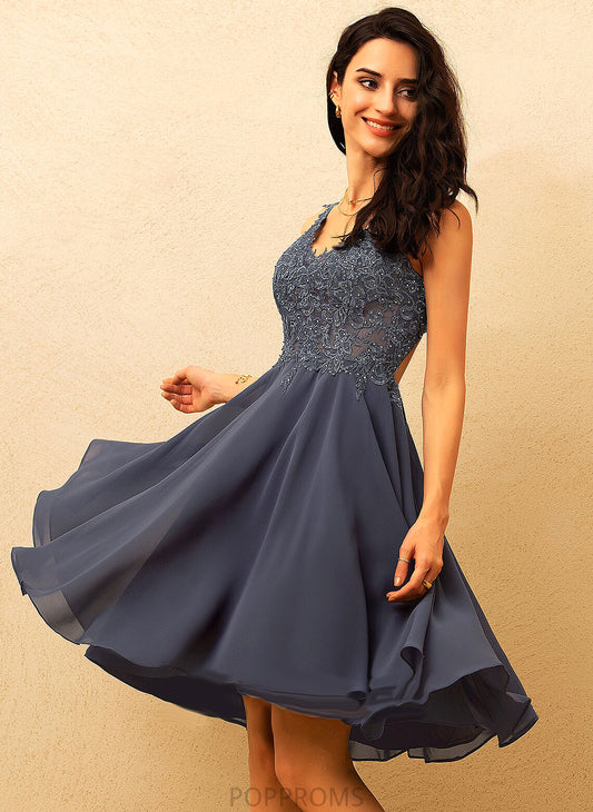 V-neck Chiffon With Dress Lace A-Line Homecoming Dresses Homecoming Lucille Knee-Length Beading