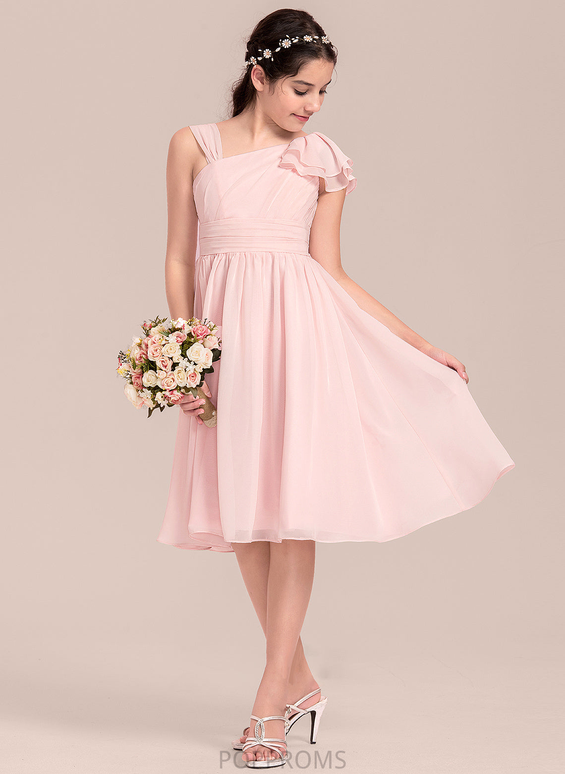 With A-Line V-neck Chiffon Ruffles Junior Bridesmaid Dresses Knee-Length Cascading Gina