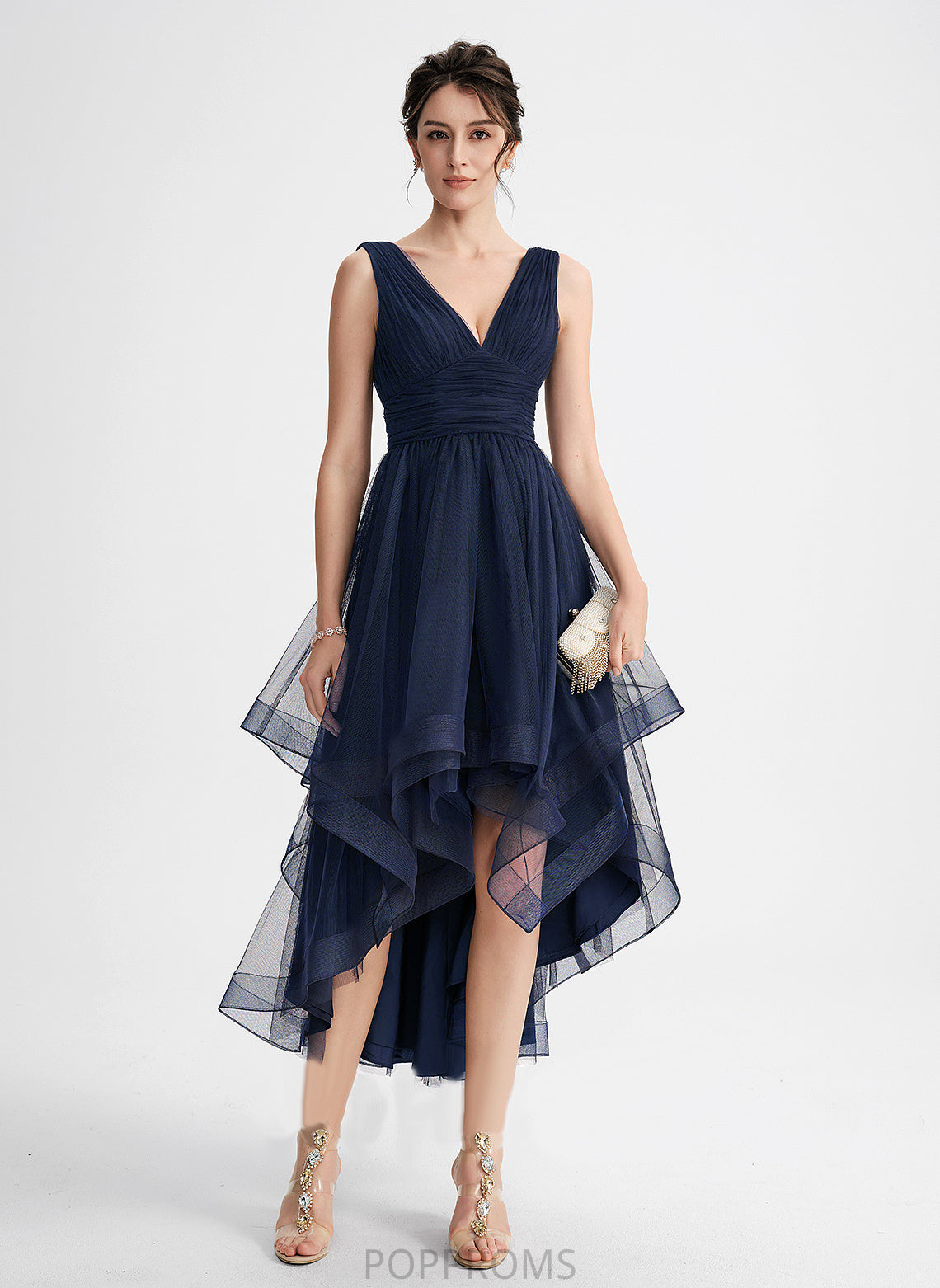 Tulle Cascading Ruffles Pleated Cocktail V-neck Cocktail Dresses A-Line With Asymmetrical Dress Arely