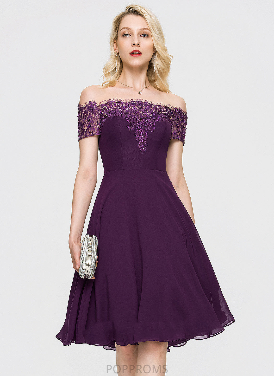 Lace Off-the-Shoulder Lace Dress A-Line Beading Cocktail Dresses Chiffon Laci Knee-Length Cocktail With