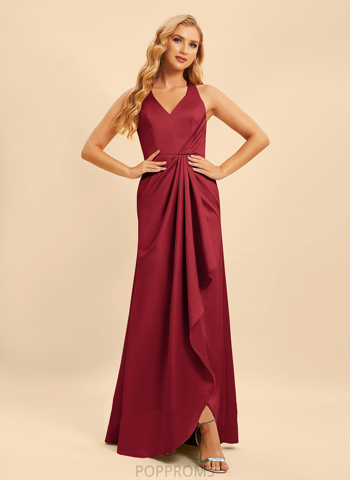 Floor-Length Silhouette Length Neckline Ruffle V-neck Fabric Embellishment SplitFront A-Line Karlee Natural Waist Bridesmaid Dresses