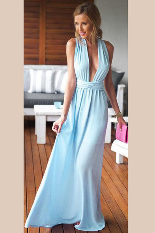 Blue A Line Floor Length Deep V Neck Sleeveless X Back Prom Dresses