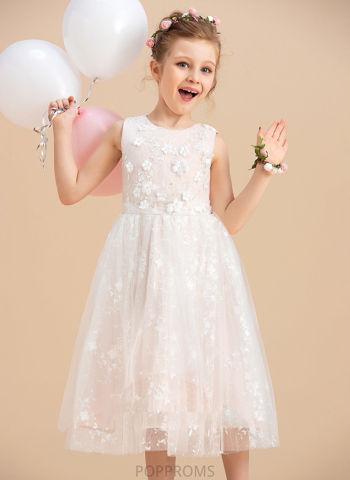 Neck Tea-length Beading/Flower(s) Sleeveless With Tulle/Lace Girl Flower Scoop Dress Lesly Flower Girl Dresses A-Line -