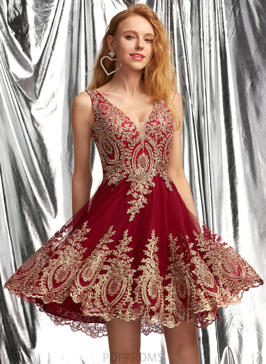 Prom Dresses With Tulle Melina Appliques V-neck Lace Short/Mini A-Line