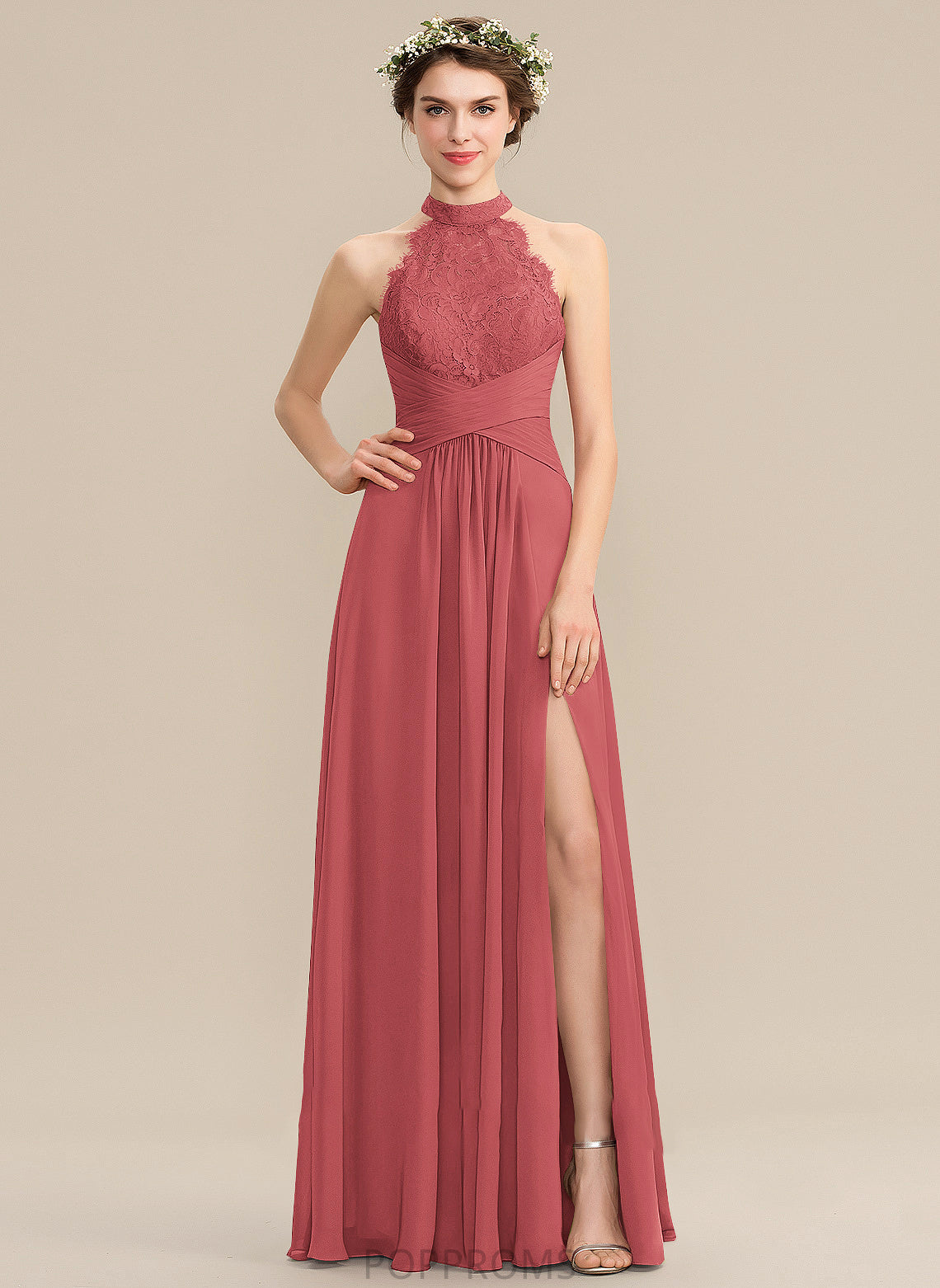 Sophia Ruffle Chiffon Prom Dresses Split High Neck Front A-Line Floor-Length Lace With