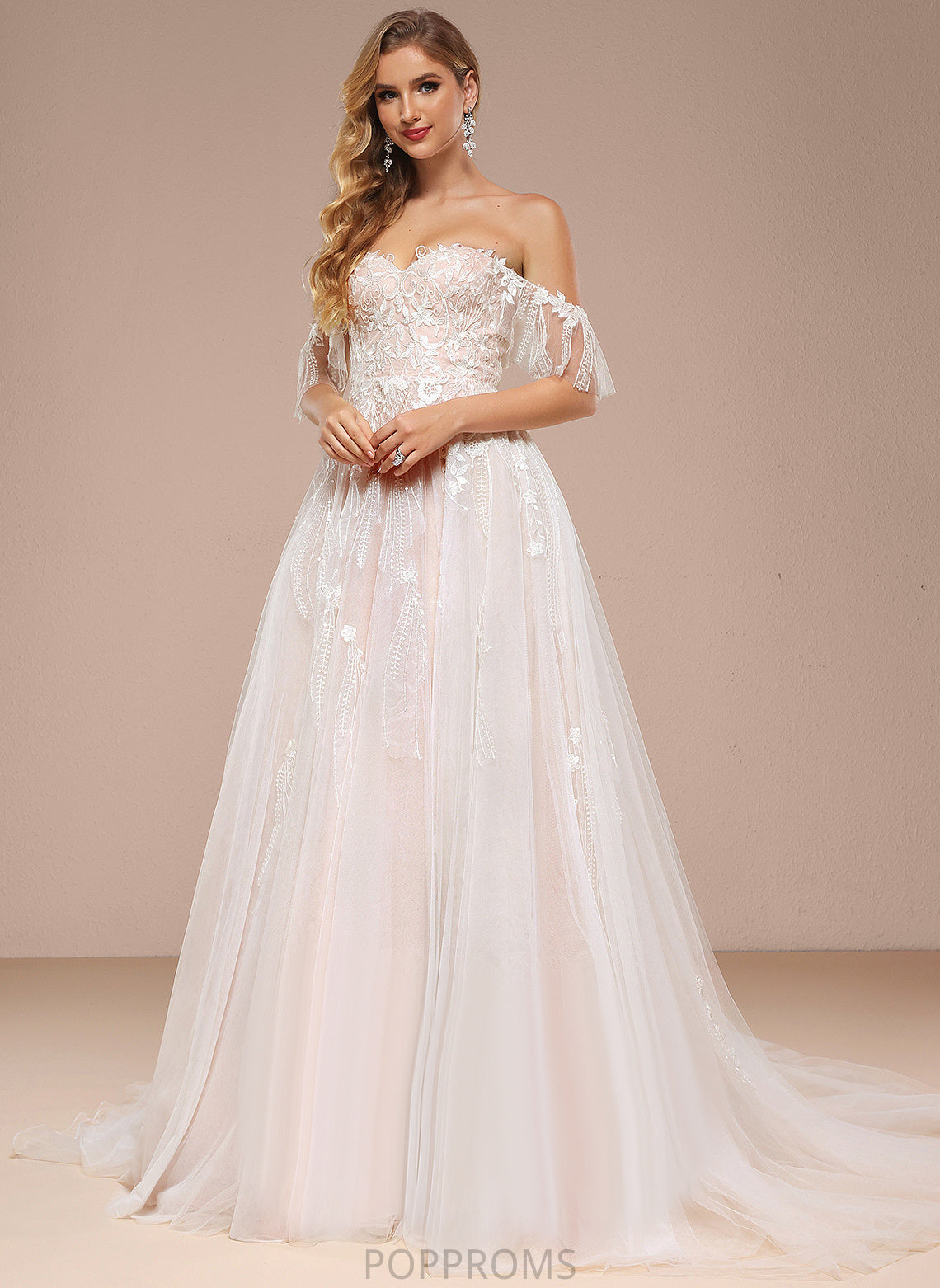 Tulle Wedding Train Sweetheart Court Wedding Dresses Lace Sequins With Ball-Gown/Princess Dress Off-the-Shoulder Michaela Ruffle