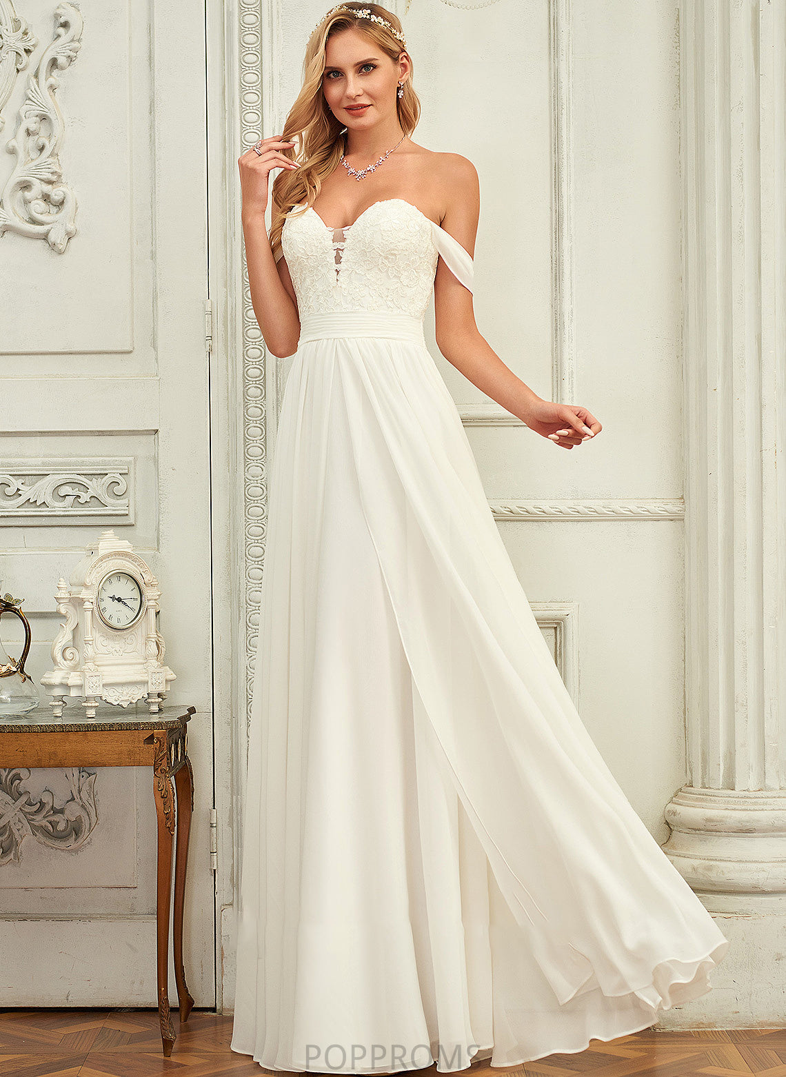 Floor-Length Wedding Dresses A-Line Wedding Chiffon Makaila Off-the-Shoulder Lace Dress