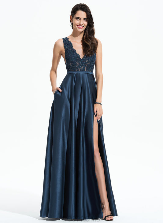 Lace V-neck With Prom Dresses Satin A-Line Rebecca Sequins Floor-Length