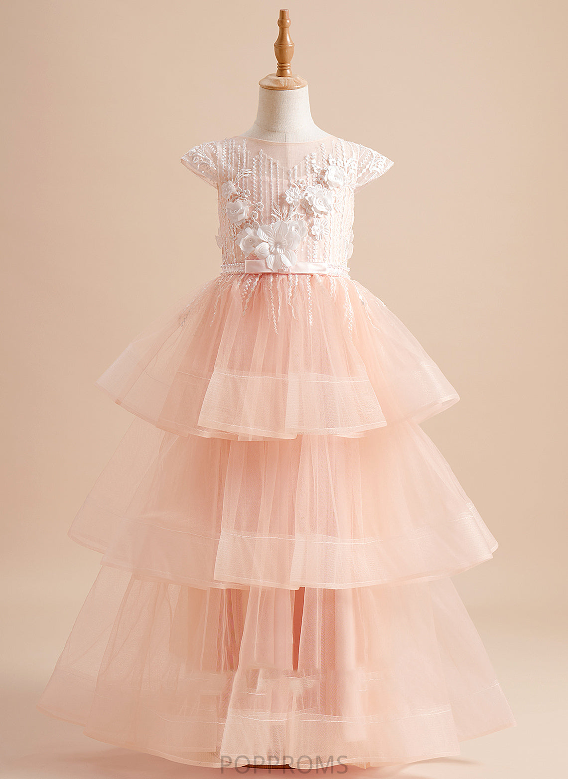 Flower Beading/Flower(s)/Bow(s) Neck Girl Dress Floor-length With Dakota Tulle - Ball-Gown/Princess Short Scoop Flower Girl Dresses Sleeves