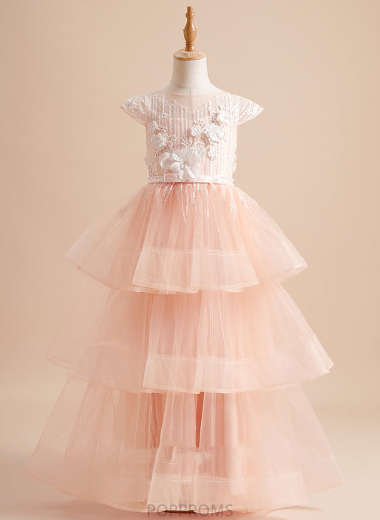 Flower Beading/Flower(s)/Bow(s) Neck Girl Dress Floor-length With Dakota Tulle - Ball-Gown/Princess Short Scoop Flower Girl Dresses Sleeves