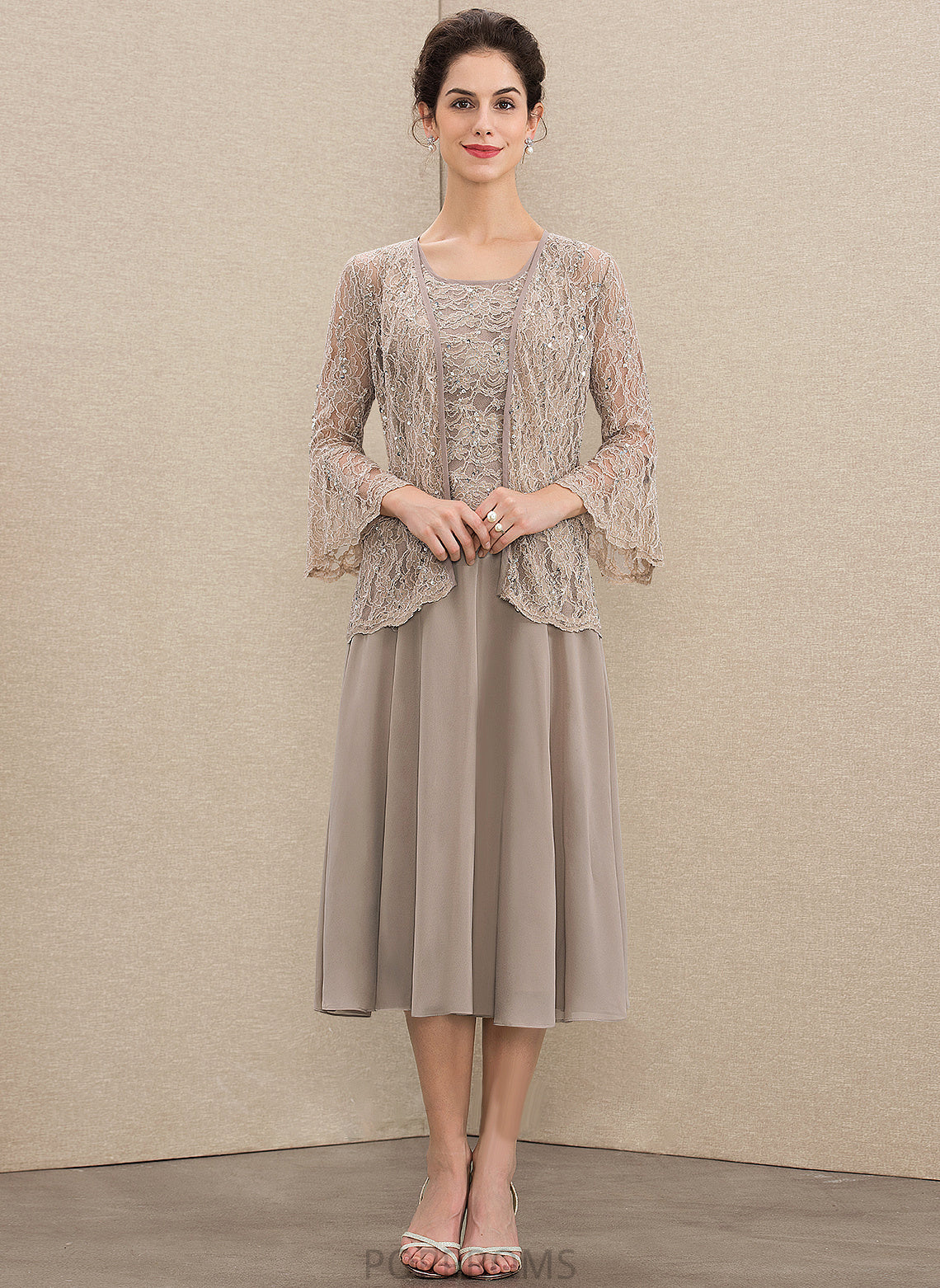 Dress the With of Neck Tea-Length A-Line Scoop Chiffon Sequins Mother Adrienne Mother of the Bride Dresses Bride Lace