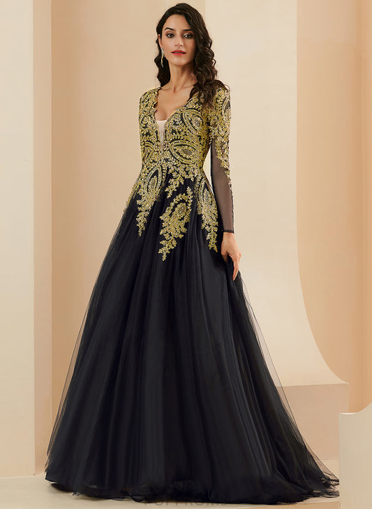 Prom Dresses Ball-Gown/Princess Sequins Aiyana V-neck Lace Sweep With Train