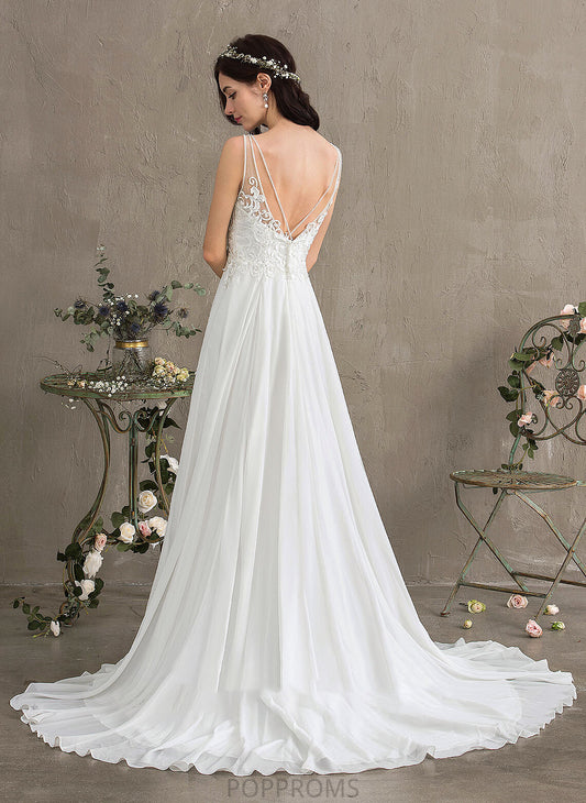 Wedding Sequins Front With V-neck Train A-Line Split Willa Dress Sweep Wedding Dresses Beading Chiffon