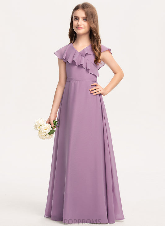 With Bow(s) Cascading A-Line Maci Floor-Length Chiffon Ruffles Junior Bridesmaid Dresses V-neck