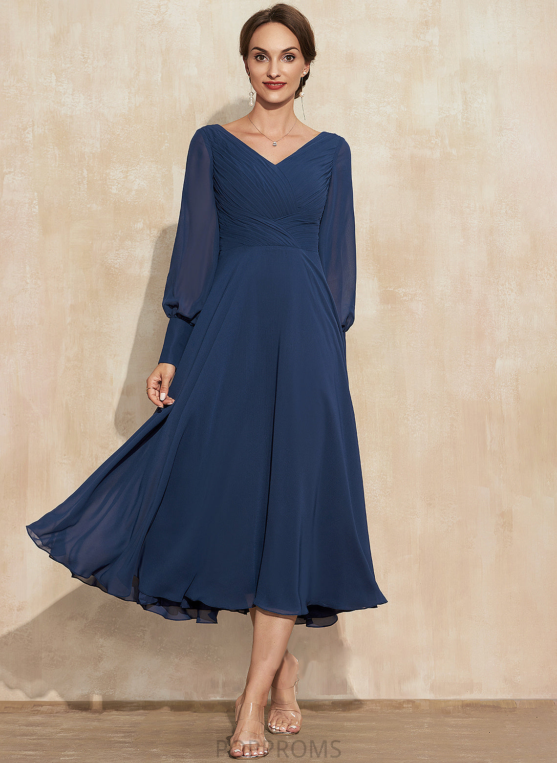 Justine Bride With Chiffon Mother A-Line V-neck the of Mother of the Bride Dresses Tea-Length Ruffle Dress