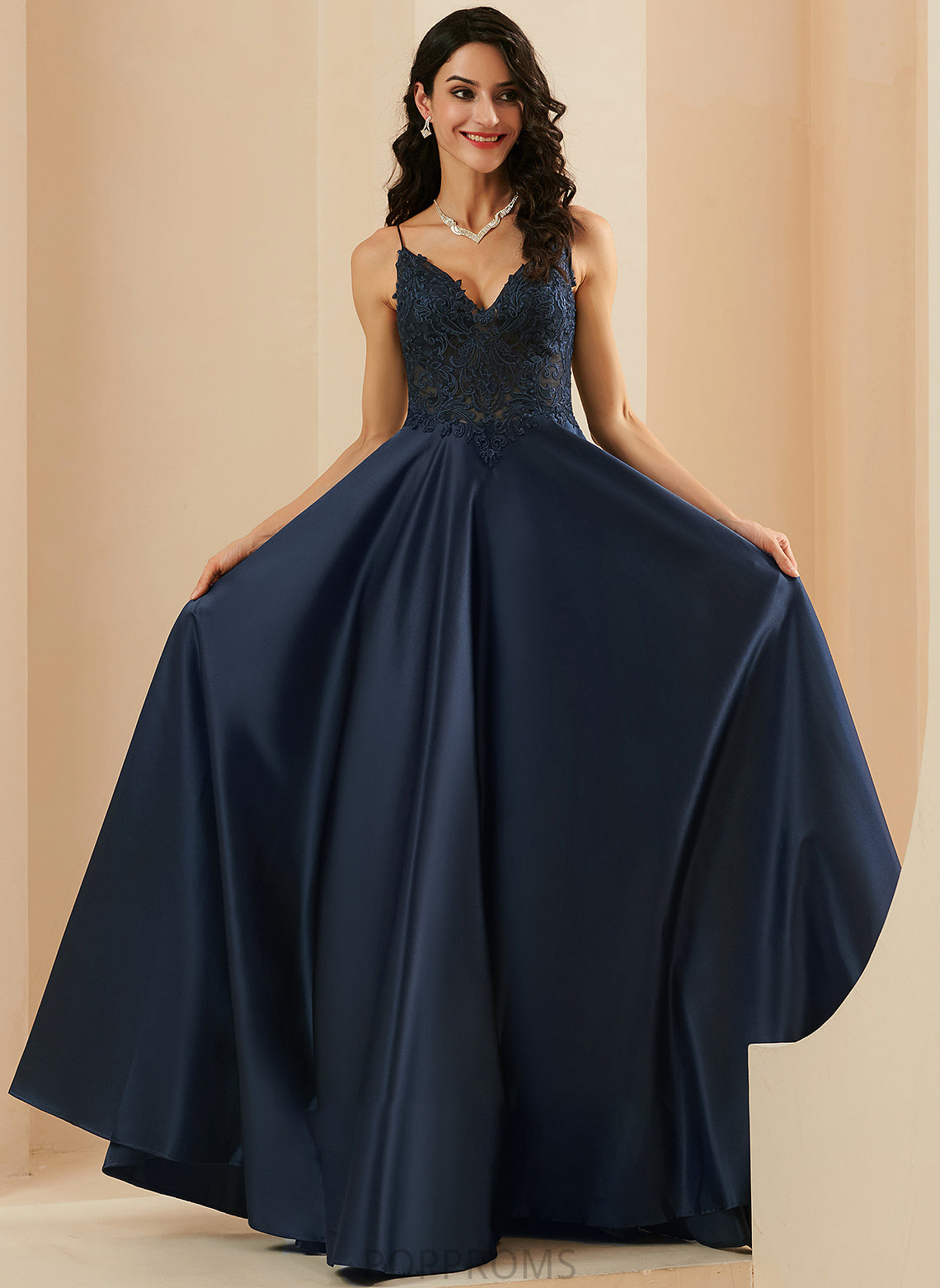 Prom Dresses Lace Libby V-neck Satin A-Line Floor-Length With