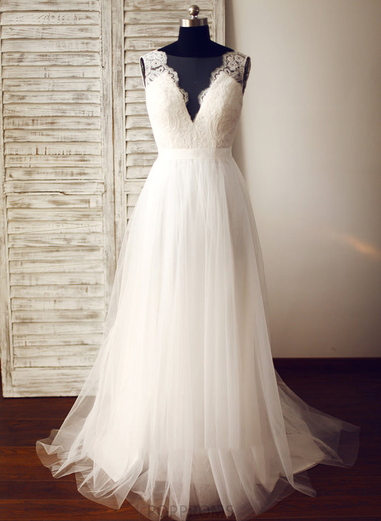 Wedding Dress Train Chana Wedding Dresses Tulle V-neck A-Line Sweep