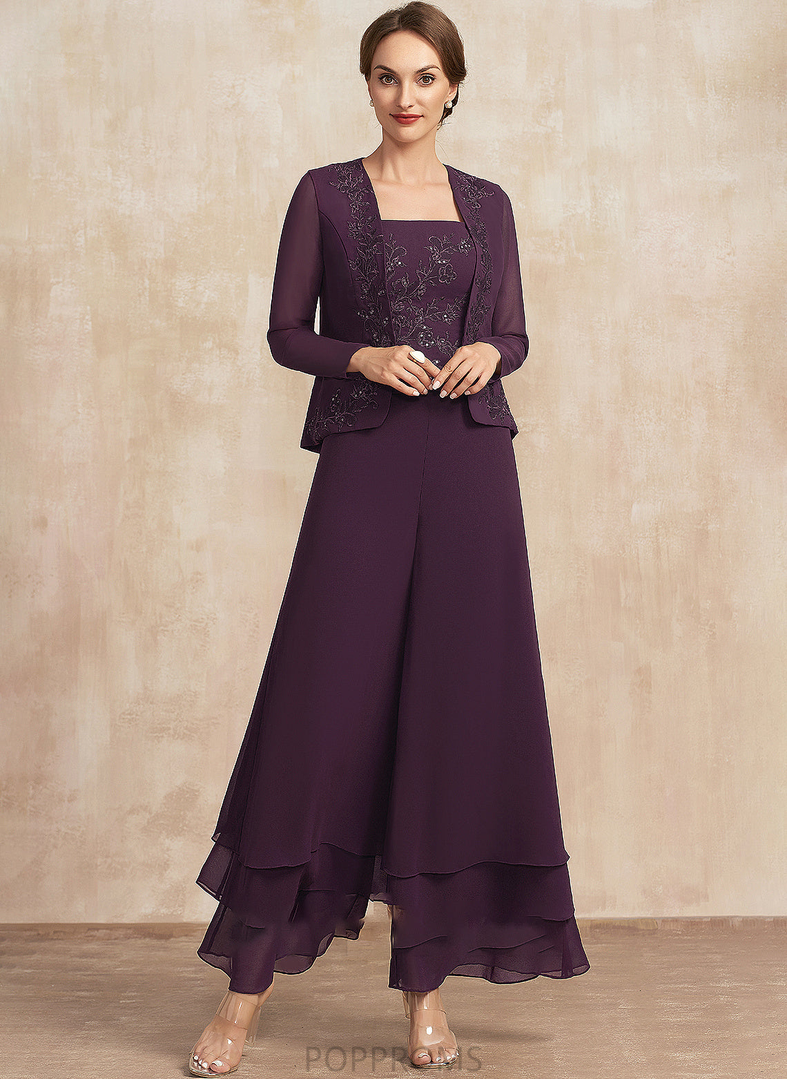 Bride Sequins Ankle-Length Neckline of Chiffon Mother of the Bride Dresses Square the Mother Jumpsuit/Pantsuit Camille Dress With Lace