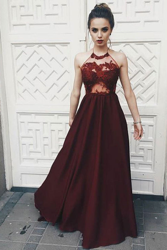 Burgundy A Line Floor Length Halter Sleeveless Appliques Prom Dresses