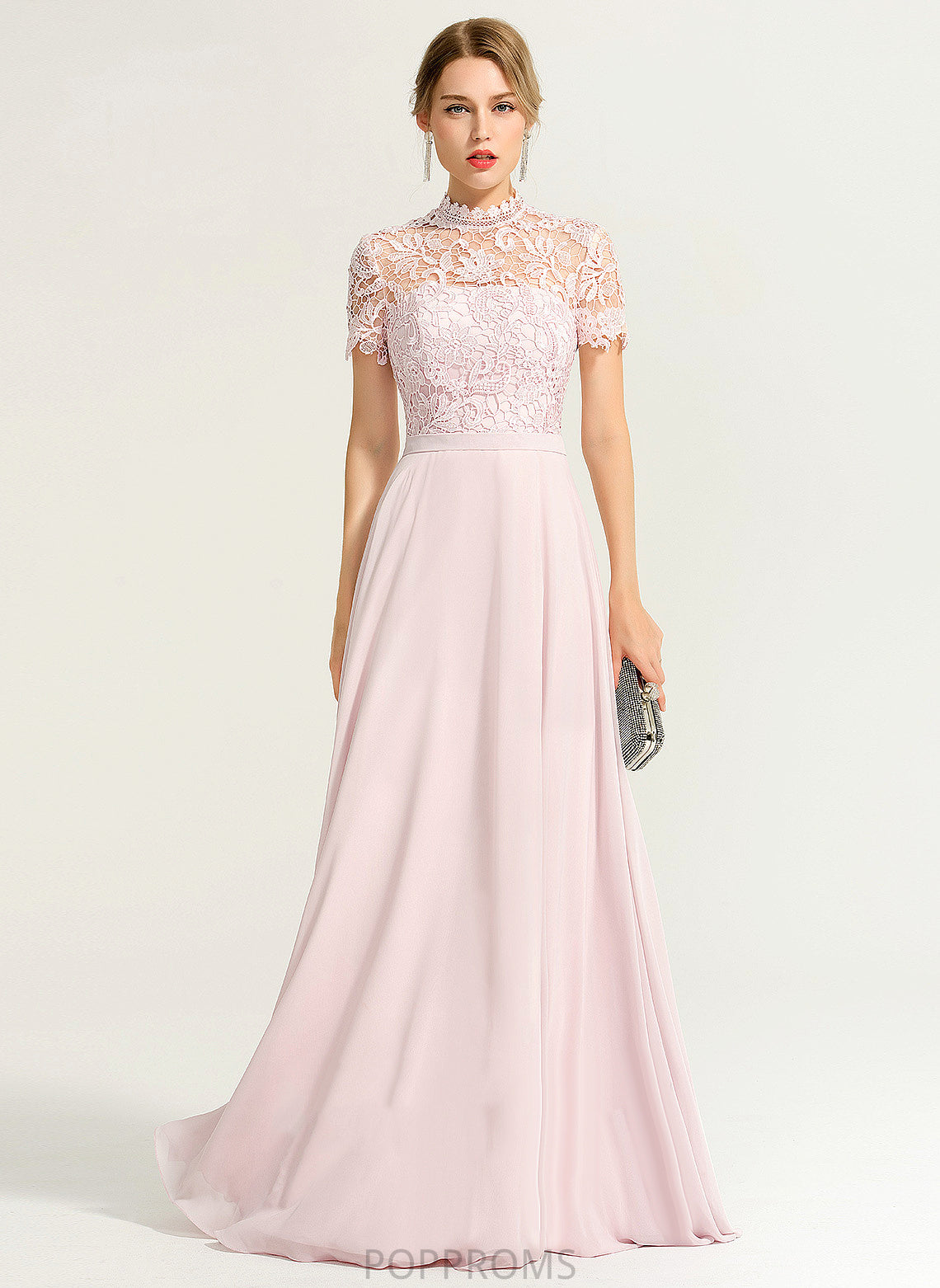 Floor-Length Nola Chiffon A-Line High With Lace Neck Sequins Prom Dresses