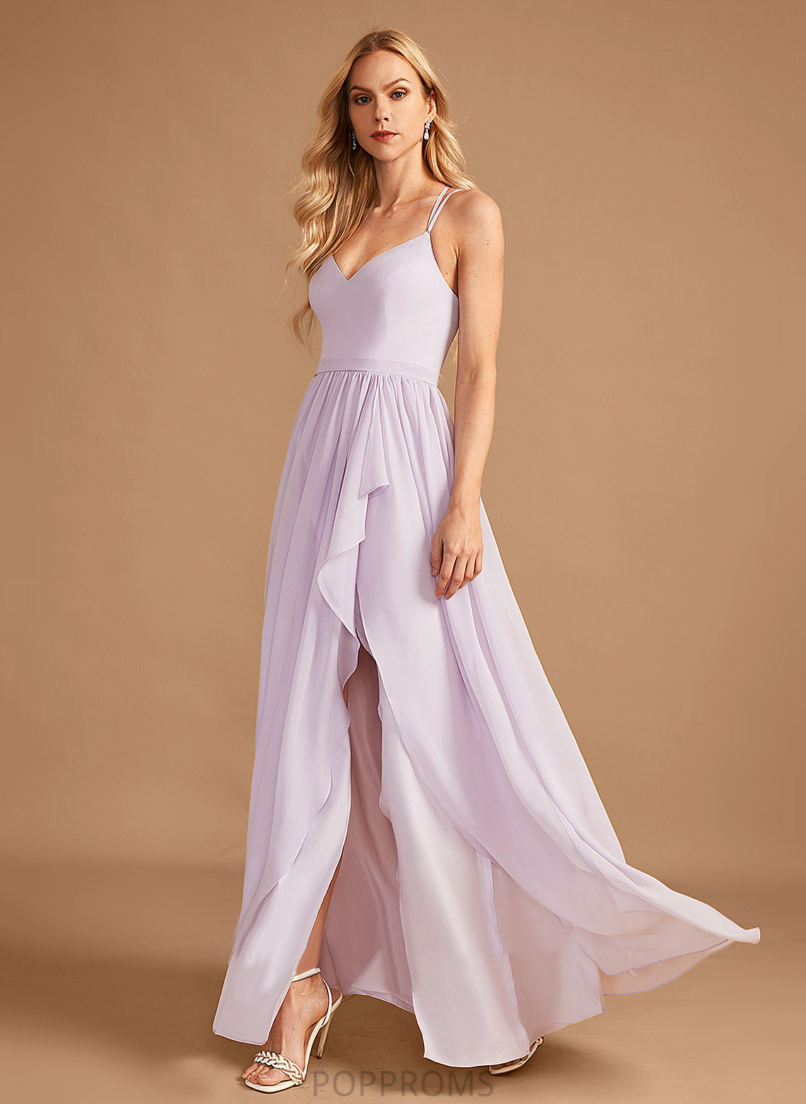 Embellishment A-Line SplitFront Ruffle Neckline Silhouette Asymmetrical Fabric V-neck Length Marian Floor Length Bridesmaid Dresses