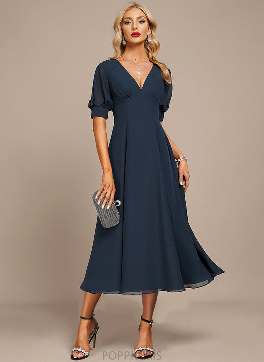 With A-Line Cocktail Cocktail Dresses V-neck Saige Chiffon Tea-Length Dress Ruffle