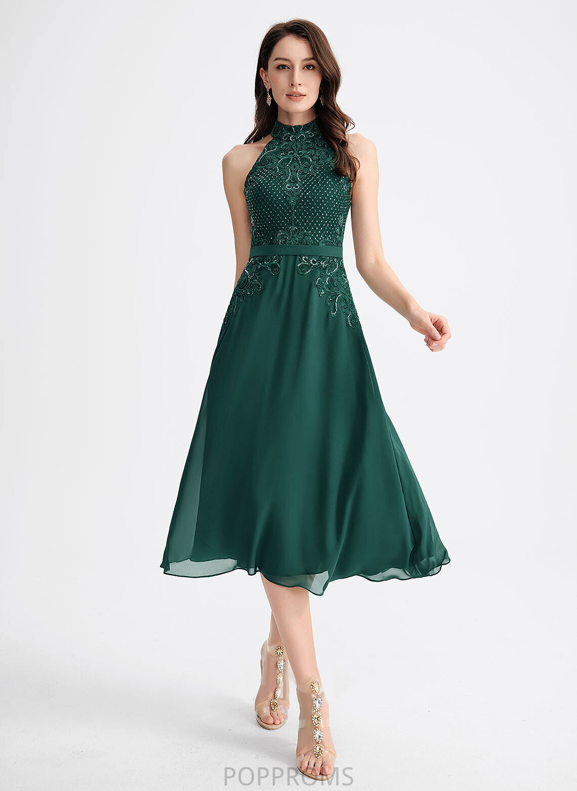 With A-Line Tea-Length Dress Chiffon Cocktail Dresses Sequins Lace Cocktail Scoop Susanna Neck