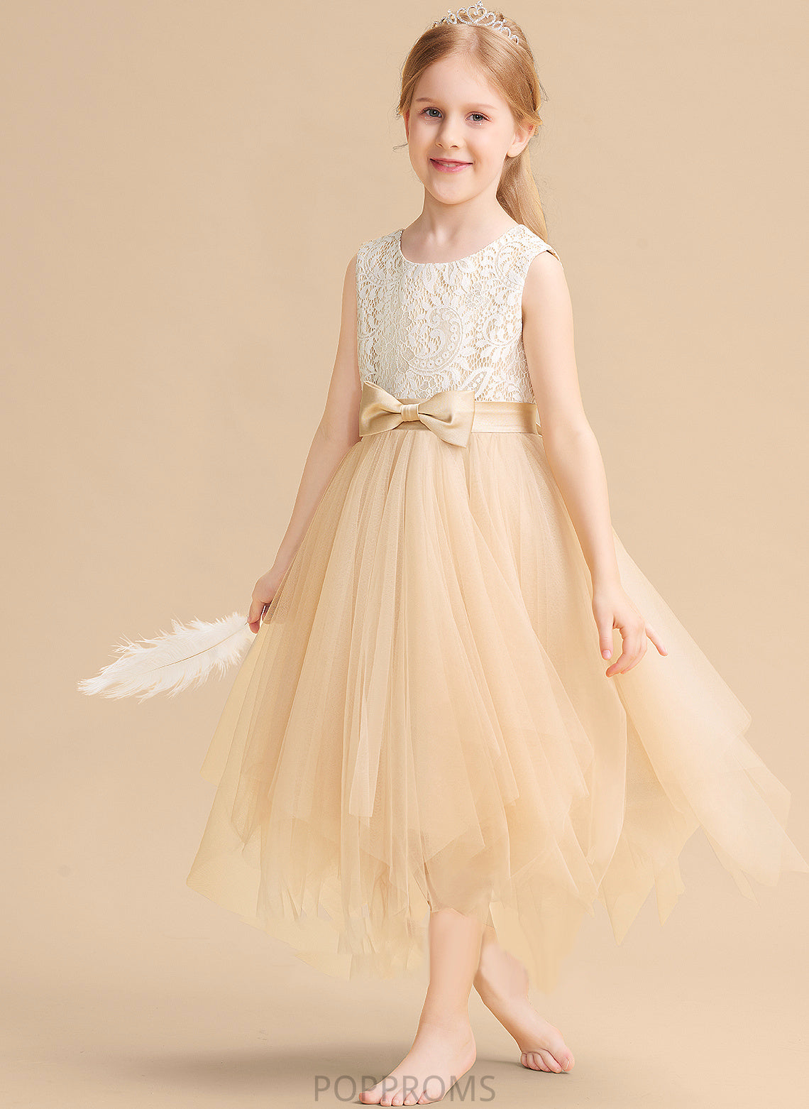 Sleeveless Scalloped Neck Flower Flower Girl Dresses Ciara With - Tulle Lace/Bow(s) A-Line Dress Tea-length Girl