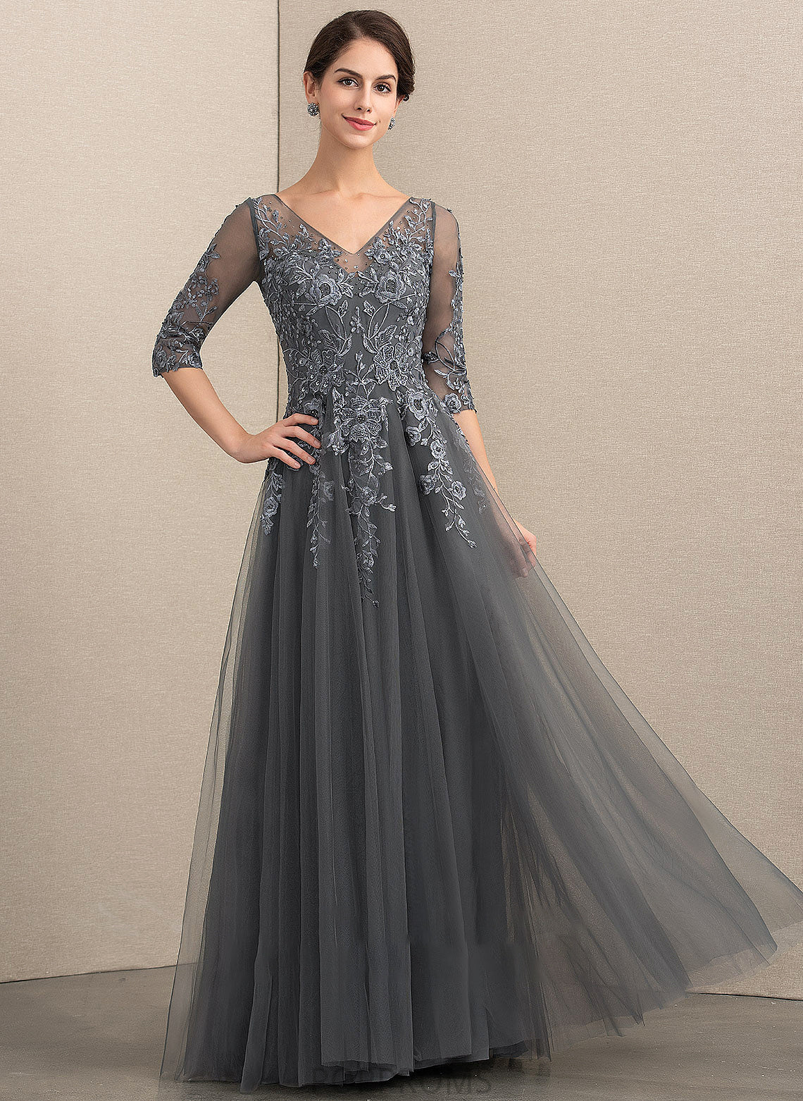 A-Line Dress Mother Mother of the Bride Dresses Beading Floor-Length Leslie the V-neck Sequins of Bride Lace With Tulle