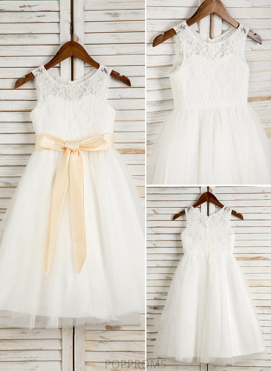 Neck A-Line/Princess Girl Ayana Flower Girl Dresses Tulle/Lace Dress Sleeveless With Scoop Tea-length - Flower Sash/Bow(s)