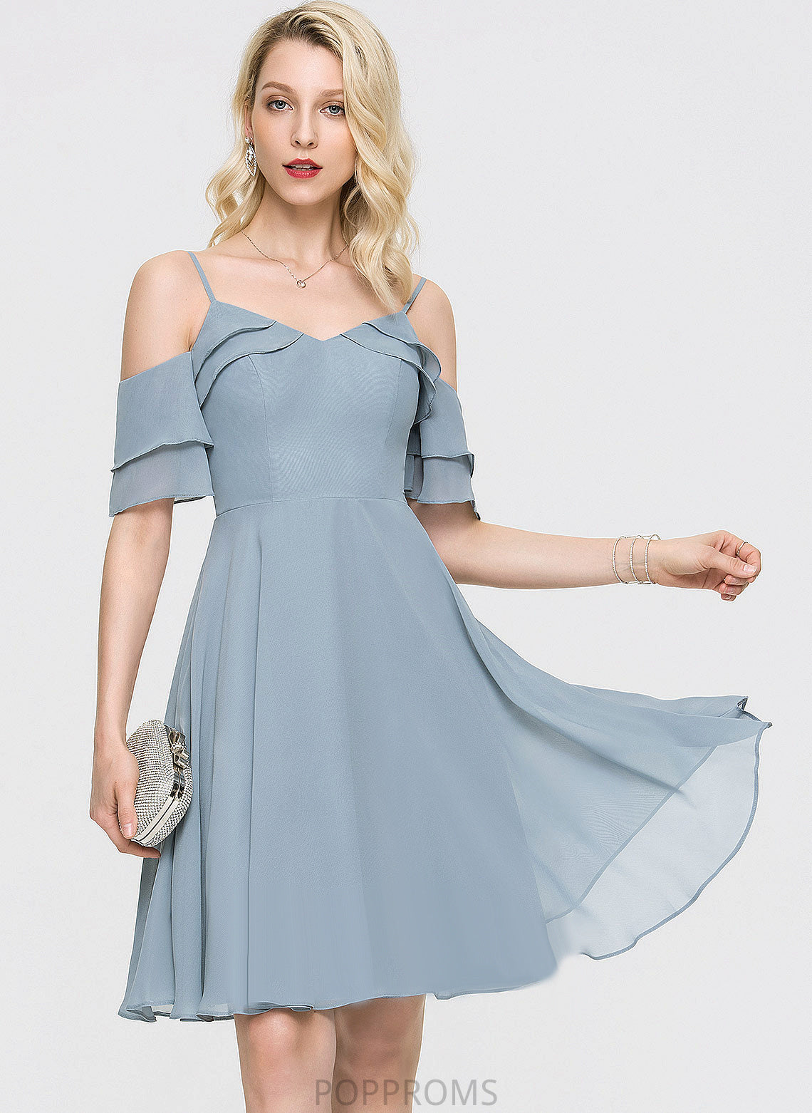 V-neck A-Line Knee-Length Azul Cocktail Dresses Chiffon With Dress Cascading Ruffles Cocktail