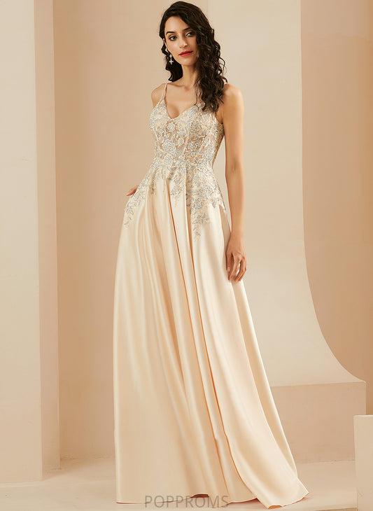 V-neck With Satin Prom Dresses Floor-Length Olga Lace A-Line