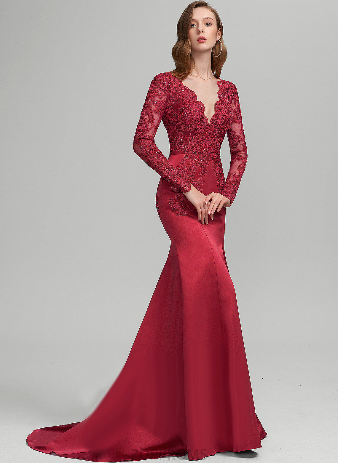 Sequins V-neck Sweep With Mavis Trumpet/Mermaid Lace Satin Prom Dresses Train