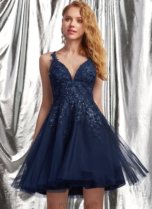 V-neck Sequins Lace With A-Line Short/Mini Prom Dresses Tulle Gwendoline