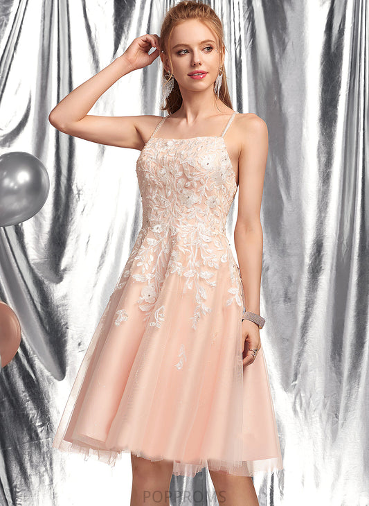 Dress Homecoming A-Line With Square Renata Neckline Lace Homecoming Dresses Knee-Length Tulle Beading