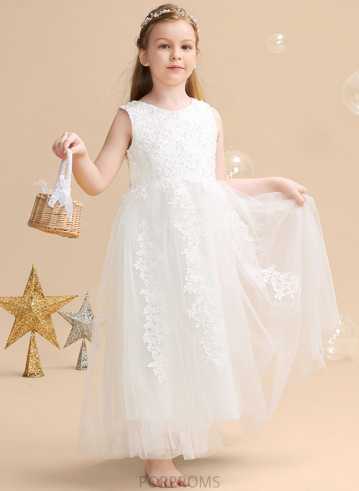 With Ball Flower Girl Dresses Scoop Beading/Appliques Sleeveless Summer Girl Dress Satin/Tulle Ankle-length Gown - Flower Neck