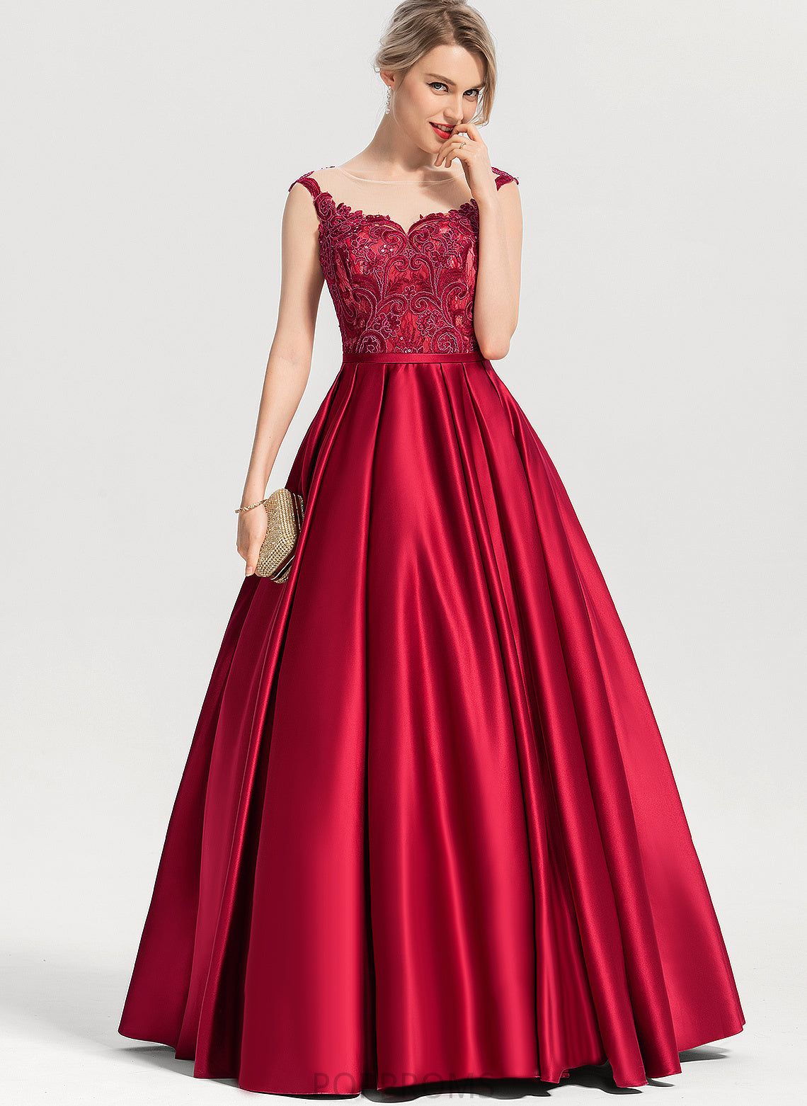 Scoop Lace Illusion Floor-Length Satin Sequins Matilda Prom Dresses Ball-Gown/Princess With