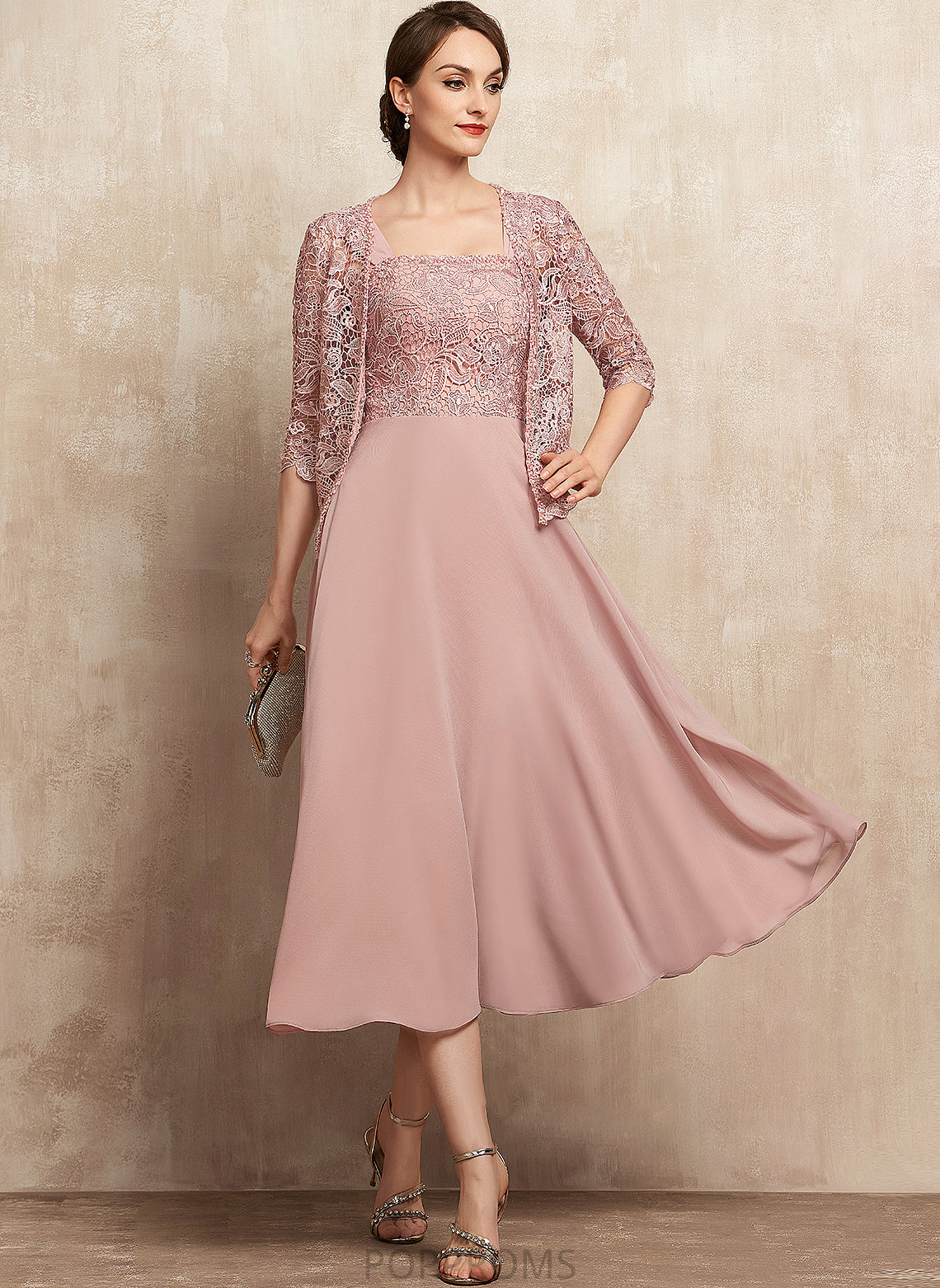 Beading Neckline Tea-Length Dress A-Line of Square With the Chiffon Bride Hillary Lace Mother Mother of the Bride Dresses Sequins