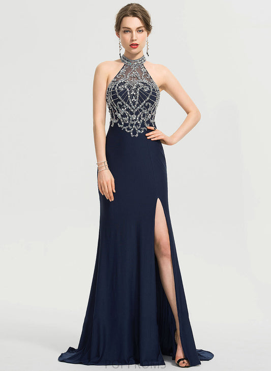 With Jersey Sheath/Column Scoop Neck Split Sequins Tara Train Sweep Prom Dresses Beading Front