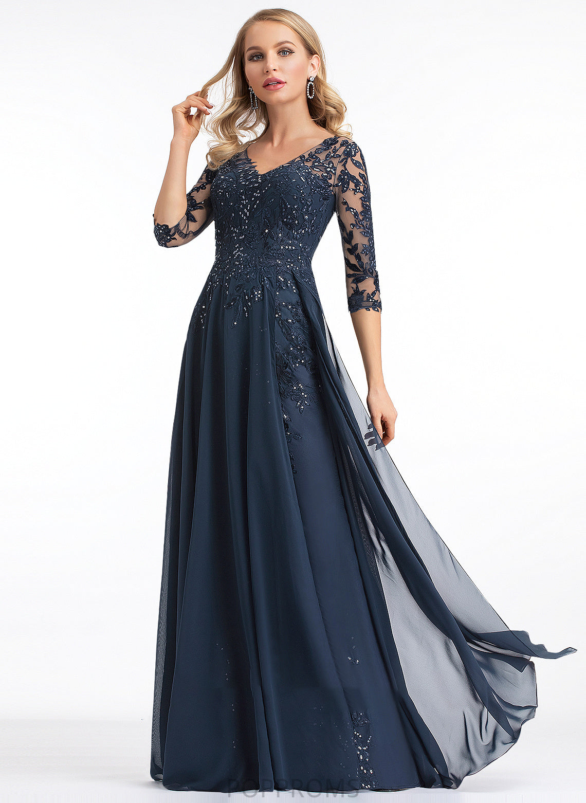 Rosalind Chiffon Floor-Length A-Line With Sequins V-neck Prom Dresses