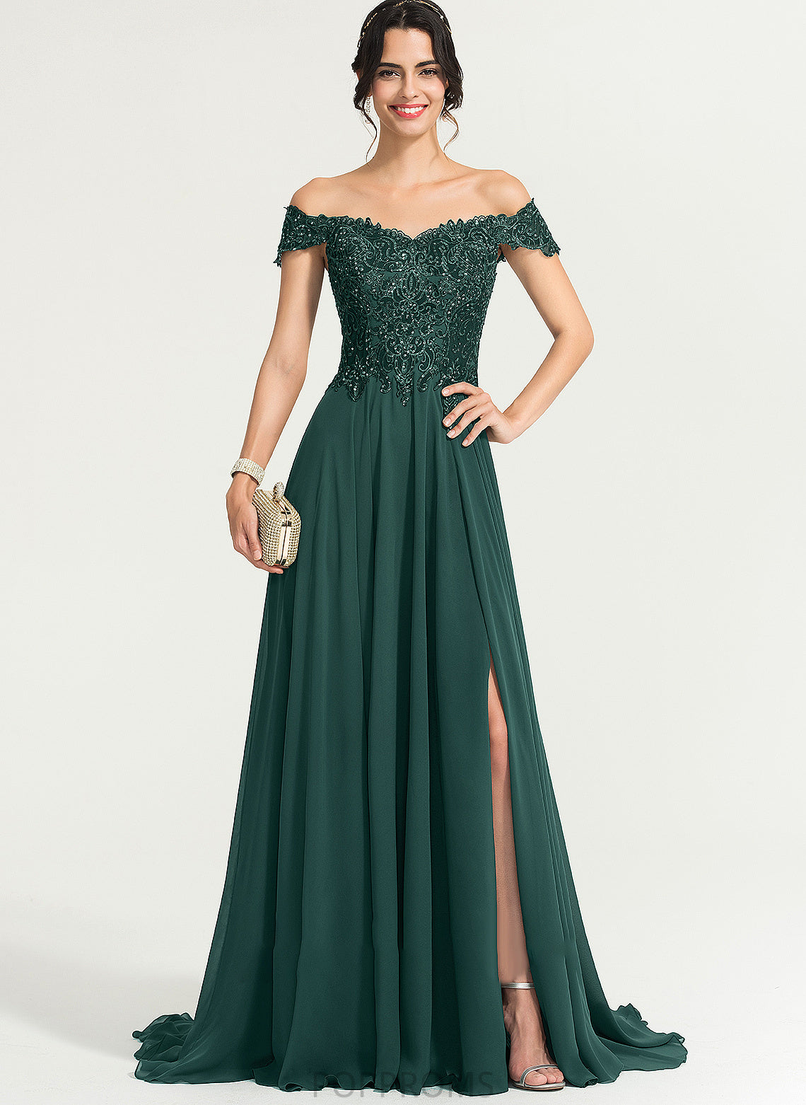 Sweep Front Train A-Line Kyla Prom Dresses With Chiffon Split Off-the-Shoulder Sequins