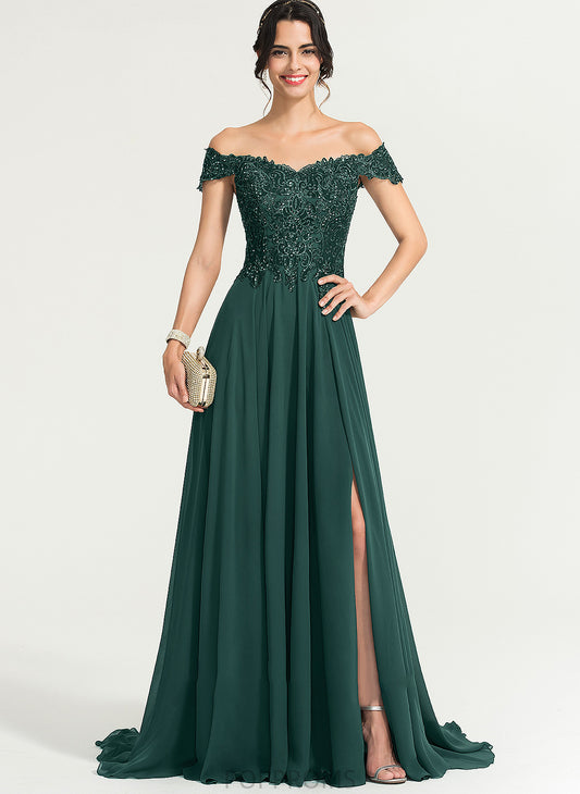 Sweep Front Train A-Line Kyla Prom Dresses With Chiffon Split Off-the-Shoulder Sequins