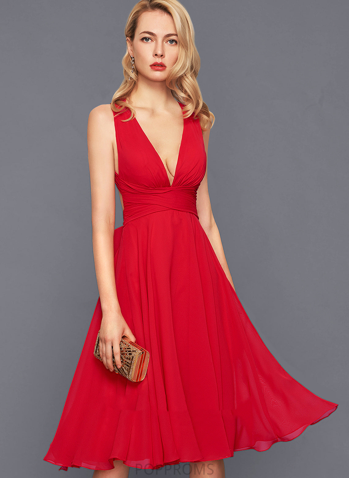 With Ruffle A-Line Cocktail Dress Bow(s) Kelsie Knee-Length Cocktail Dresses V-neck Chiffon