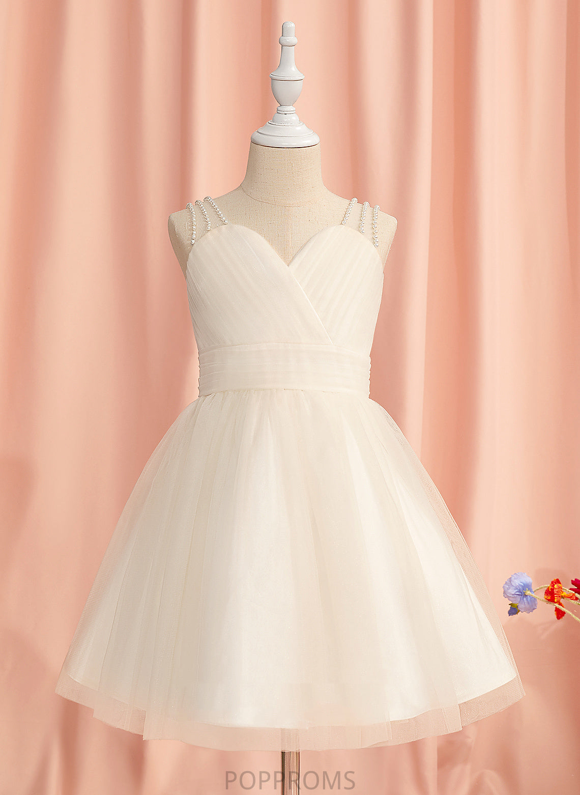 Girl Tulle Sleeveless A-Line Knee-length Dress Aurora Flower Girl Dresses - Flower V-neck With Ruffles/Beading