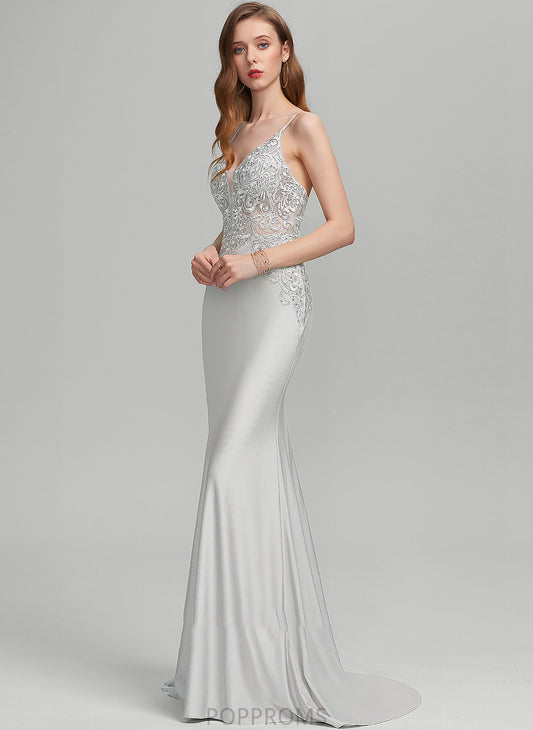 Chelsea V-neck Train With Trumpet/Mermaid Jersey Prom Dresses Sweep Sequins