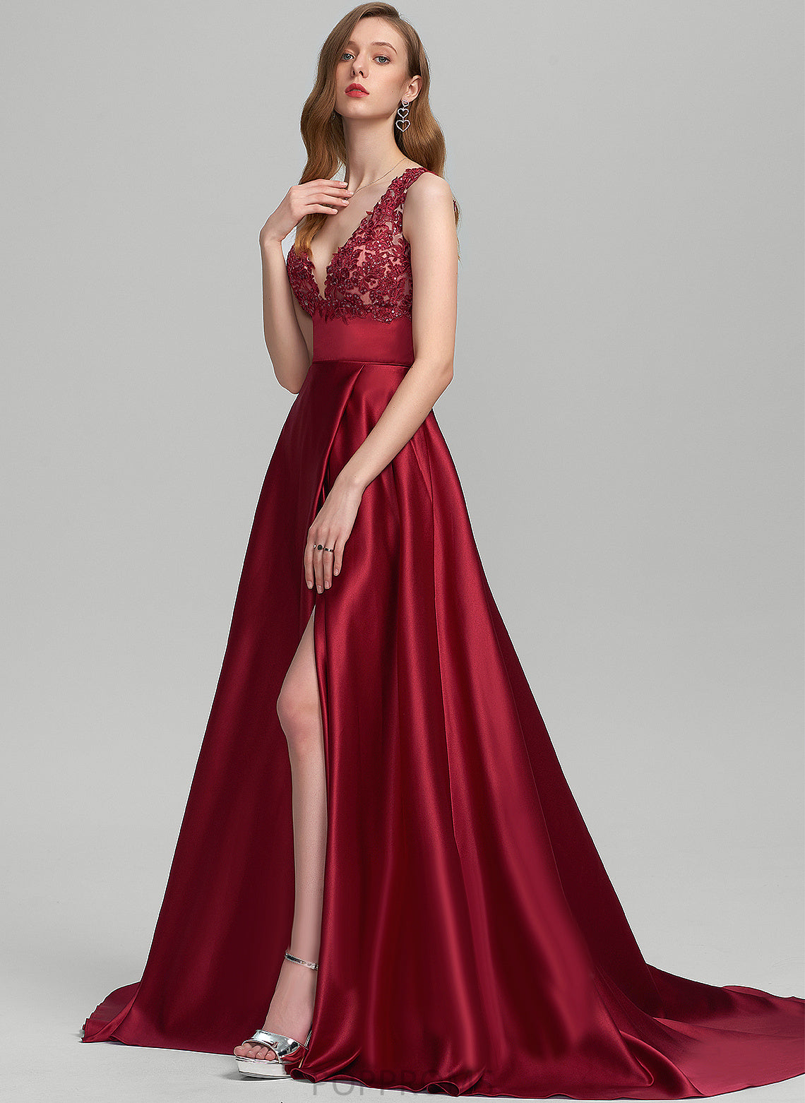 With Train Sweep Prom Dresses Janice V-neck Sequins Satin Ball-Gown/Princess Lace